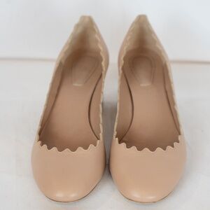 Chloe Leather Scalloped Chunk Heel Round Toe Pumps